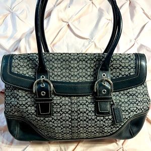 Coach black/grey Signature Soho Canvas and Leather Flap Buckle Satchel